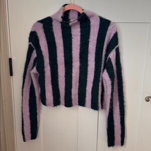 [BLANKNYC] Striped Fuzzy Turtleneck Sweater in Lilac and Turquoise Small